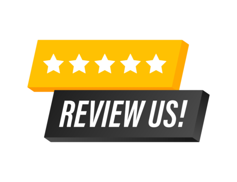 Graphic with five white stars above text "REVIEW US!" on black and yellow banners.