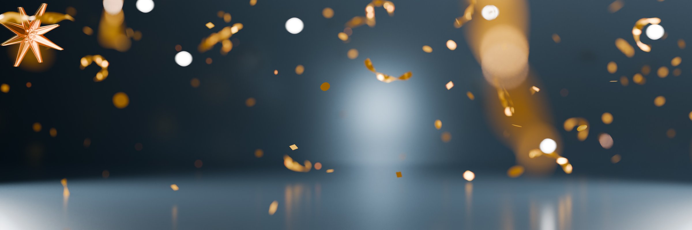 Festive banner with golden confetti and sparkles a celebration or New Years Eve party.3d rendering