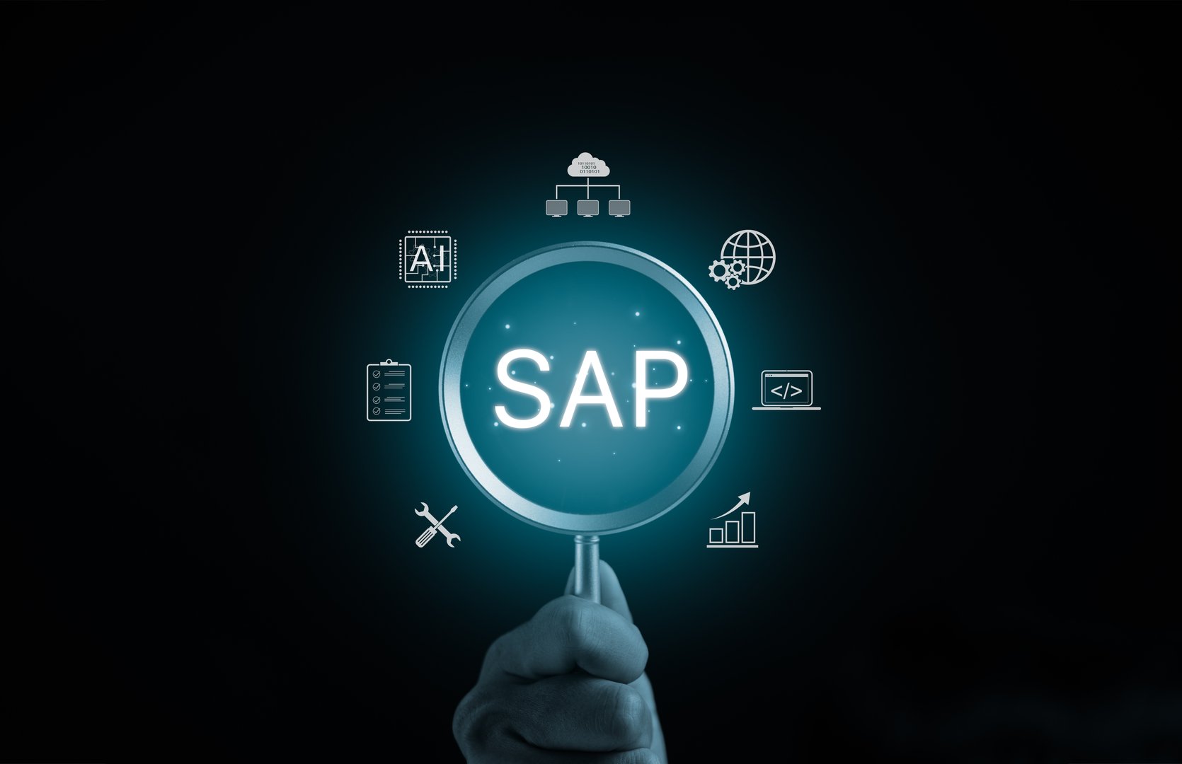 SAP, System Application Products, Business Process Automation and Management Software concept. icons business process automation and management software, including gears, charts, and cloud computing.