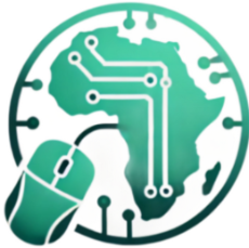 Abstract logo with Africa map, circuit lines, and a computer mouse, symbolizing technology and innovation in Africa.