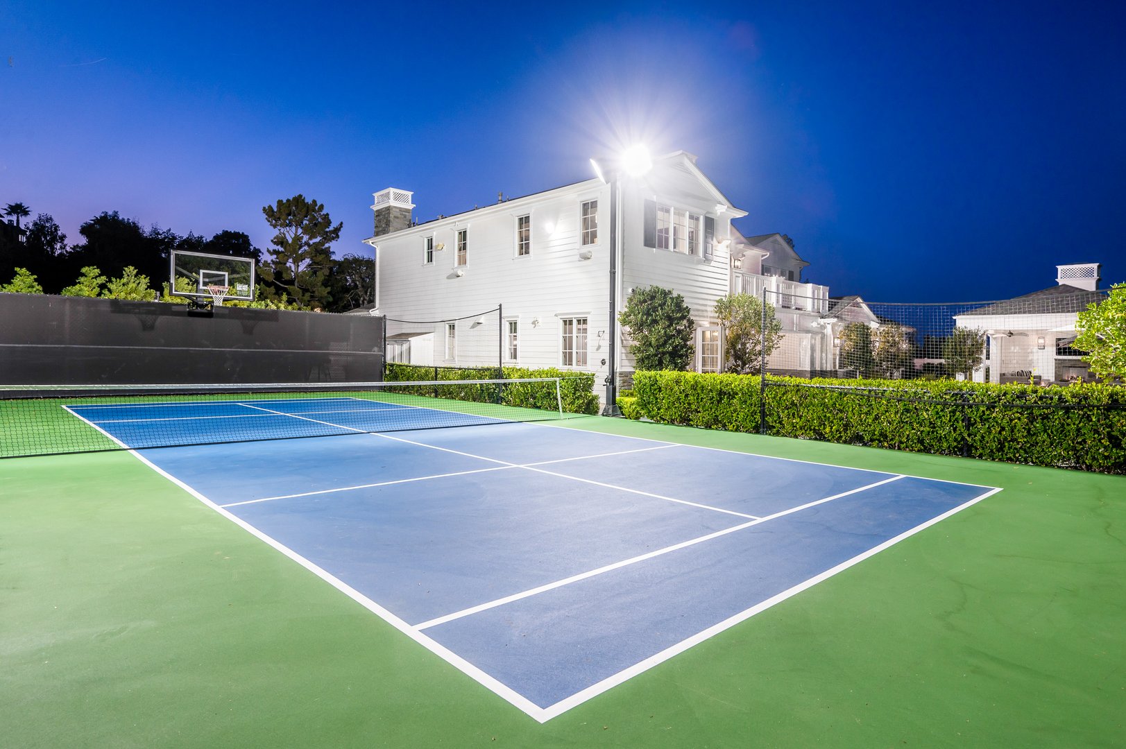 A tennis court in a new construction home in Encino, California