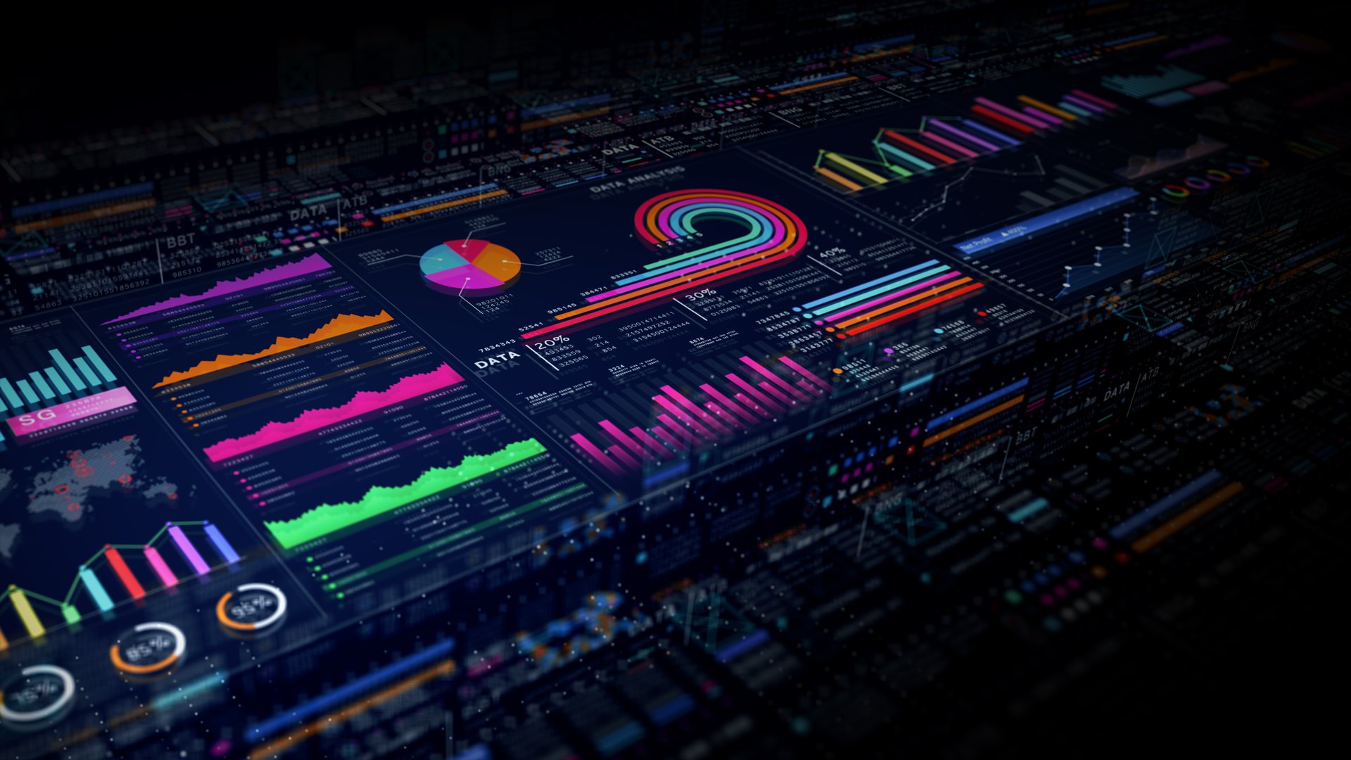 High-tech data interface with graphs, charts, and futuristic visuals. Perfect for technology, business, finance, and analytics-related projects and presentations. background 3d Rendering