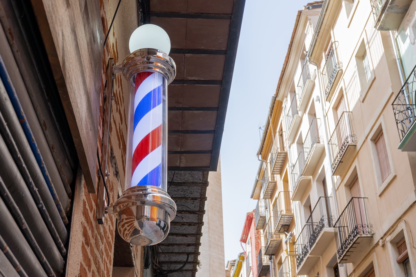 Barber pole on a city street