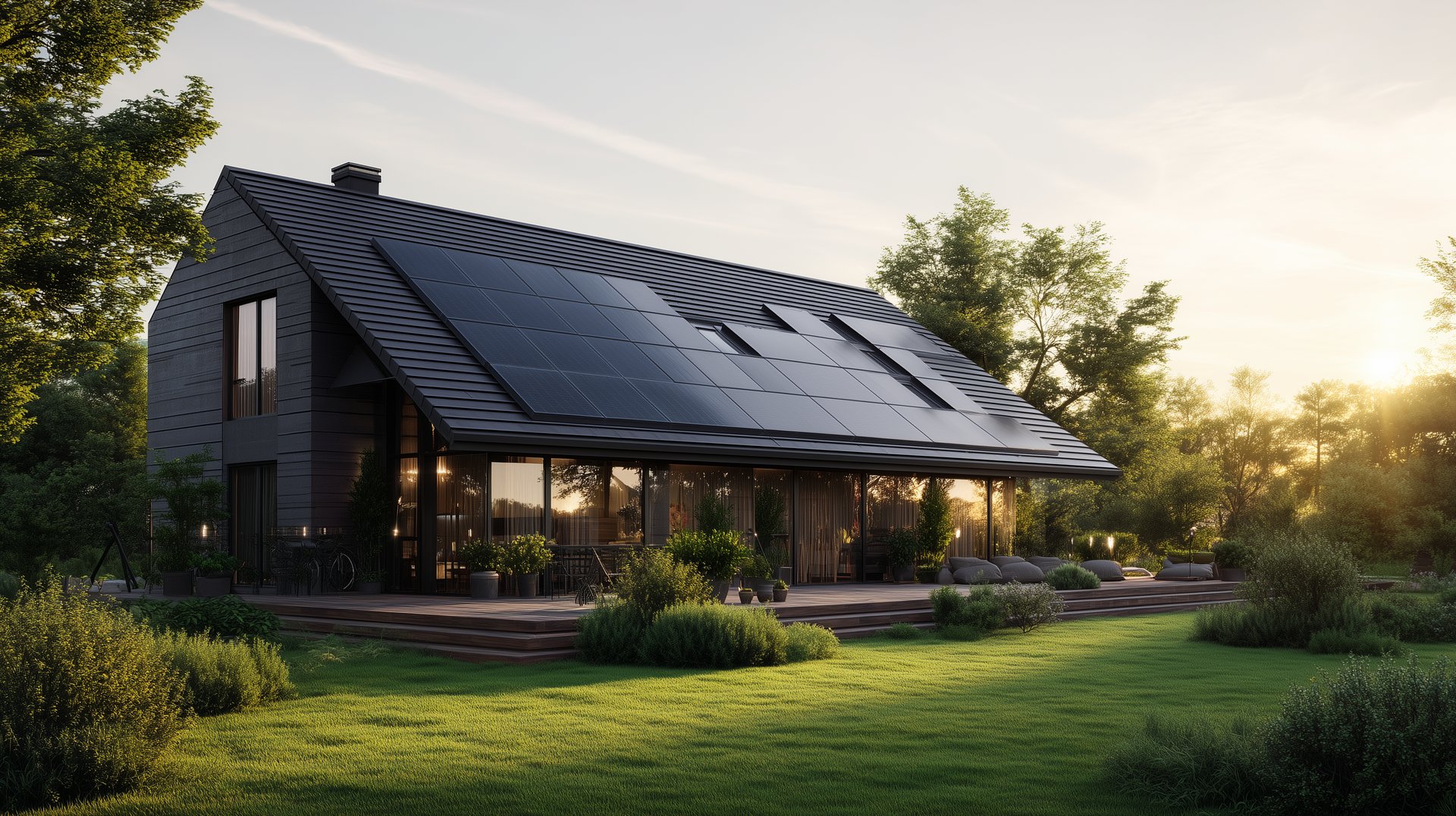 Modern house with solar panels on the roof, surrounded by lush greenery and a well-maintained lawn at sunset.