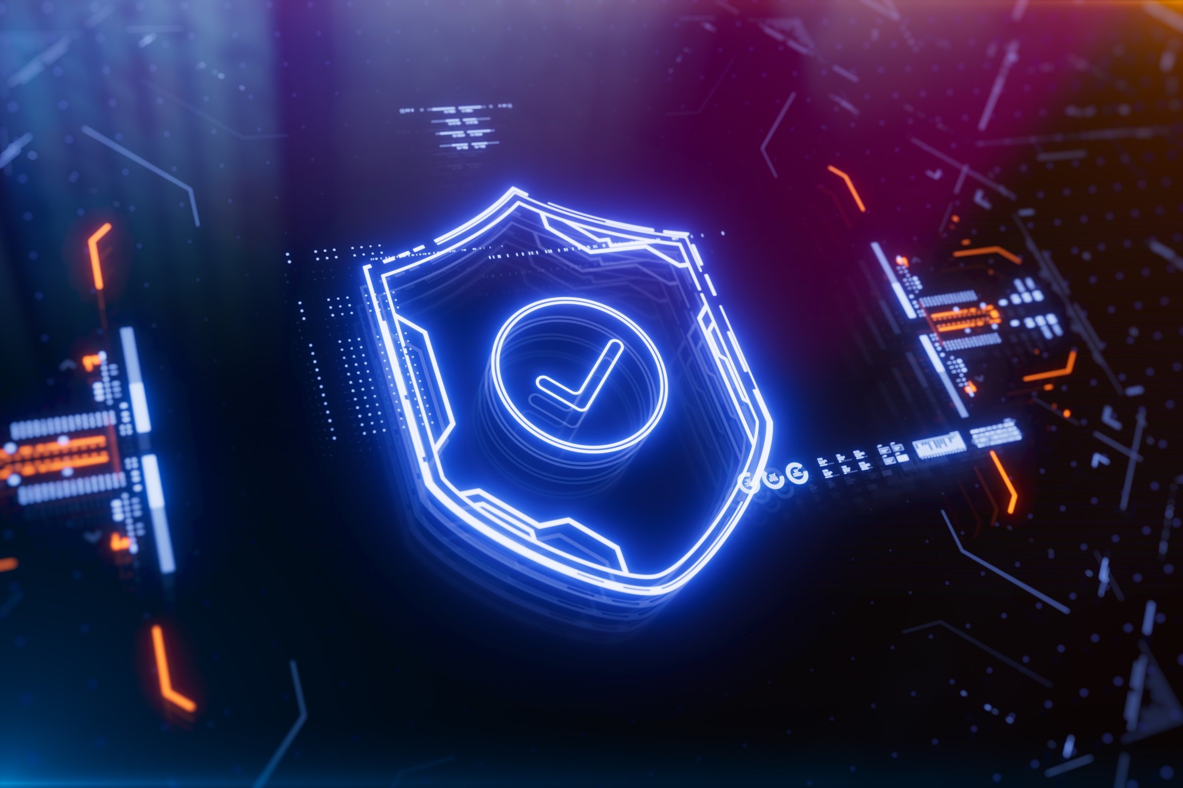 Futuristic neon shield with a checkmark on a digital background. Concept of cybersecurity, data protection, digital safety, privacy policy, compliance and secure technology.
