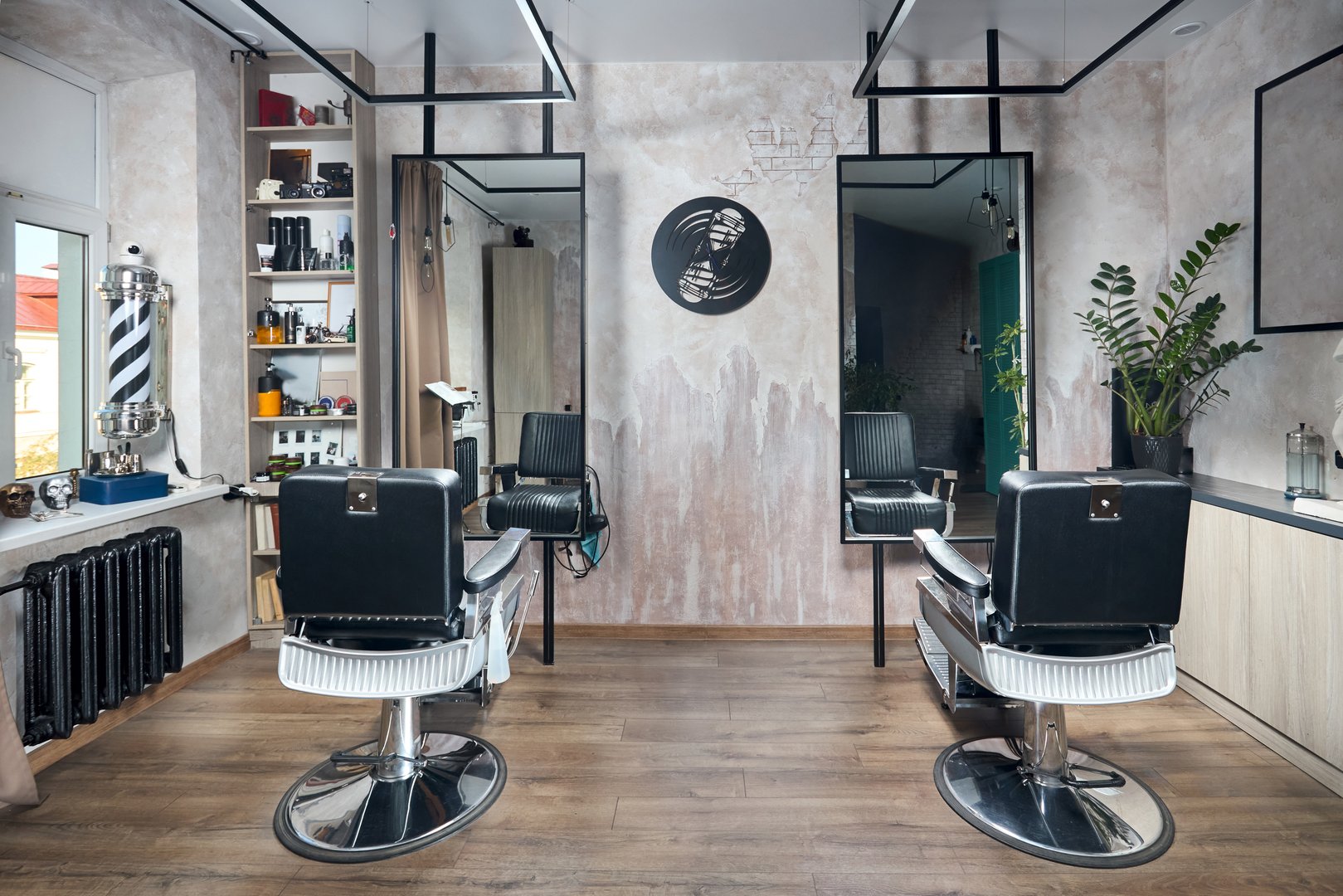 Barber shop or barber shop vintage design hair man salon empty with two chairs and two mirrors and accessories.