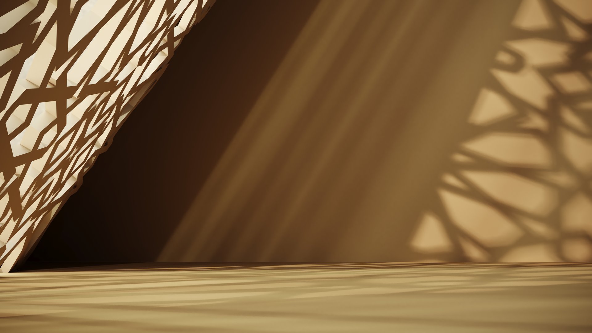 3d render elegant shadow pattern cast by Islamic geometric decor. Soft, warm sunlight highlights intricate lattice design. Perfect for cultural, architectural, and minimalistic themes.