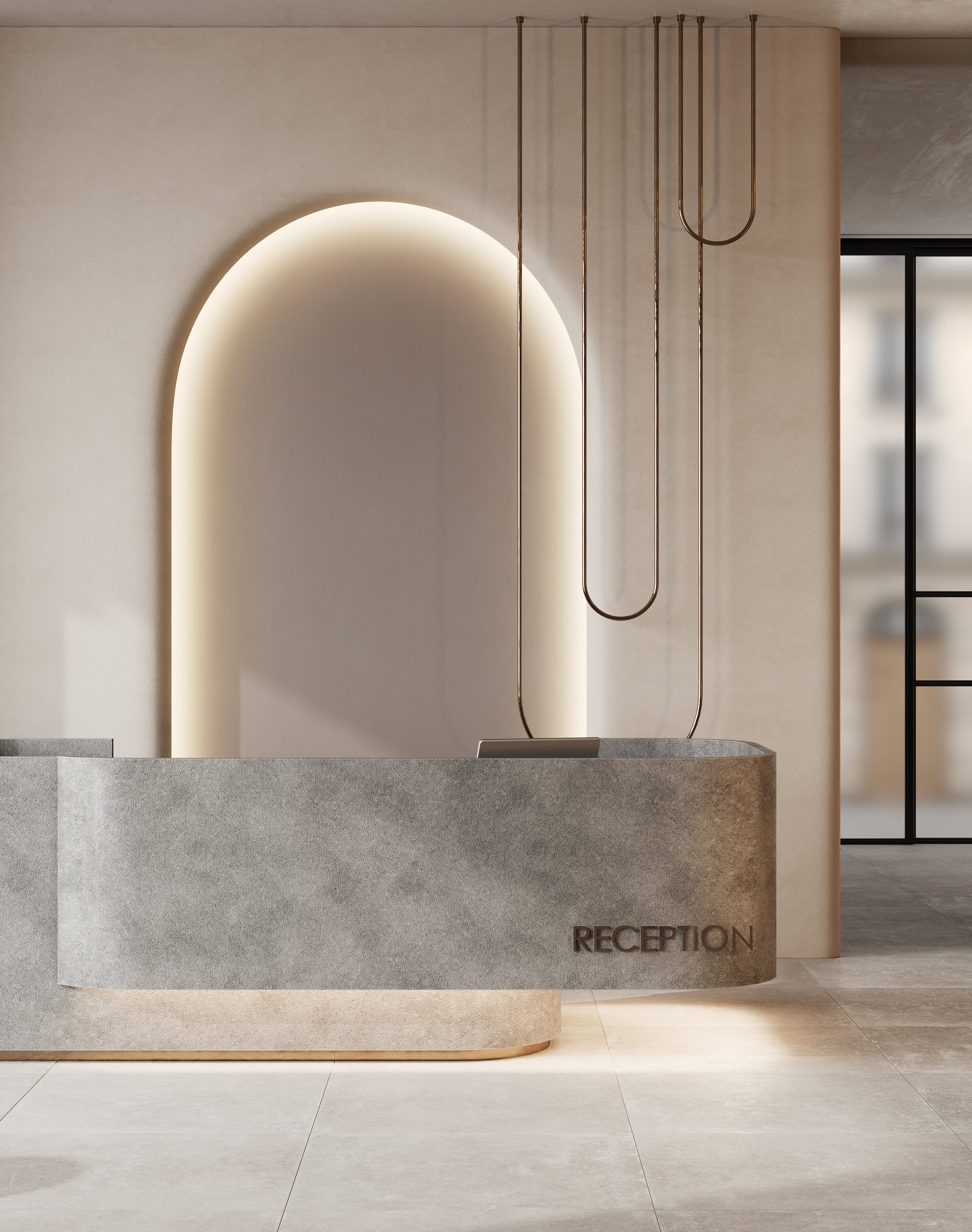 Modern hall interior with reception desk in hotel, concrete floor, fitness center front desk, 3d rendering