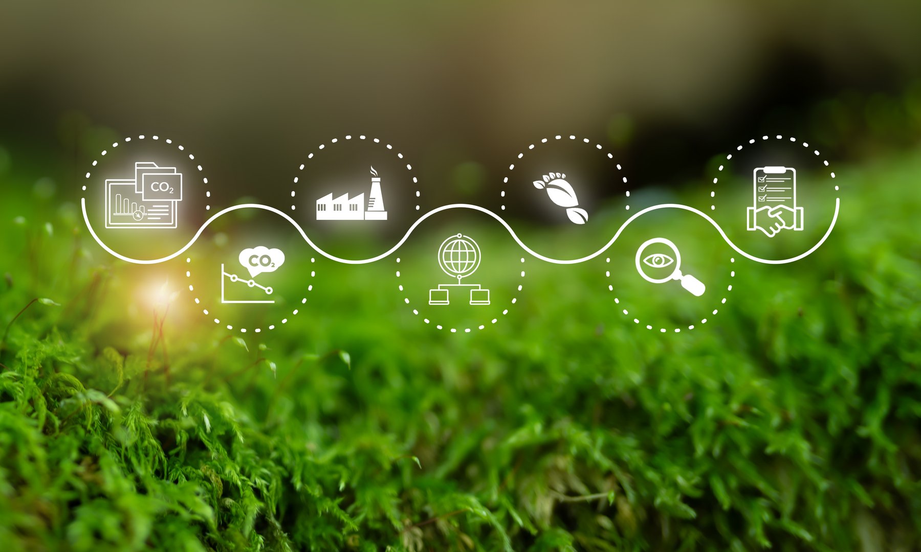 Carbon Data Open Protocol (CDOP) concept. Digital icons on green background representing CO2 tracking, environmental data integration and transparent carbon management through open data protocols.