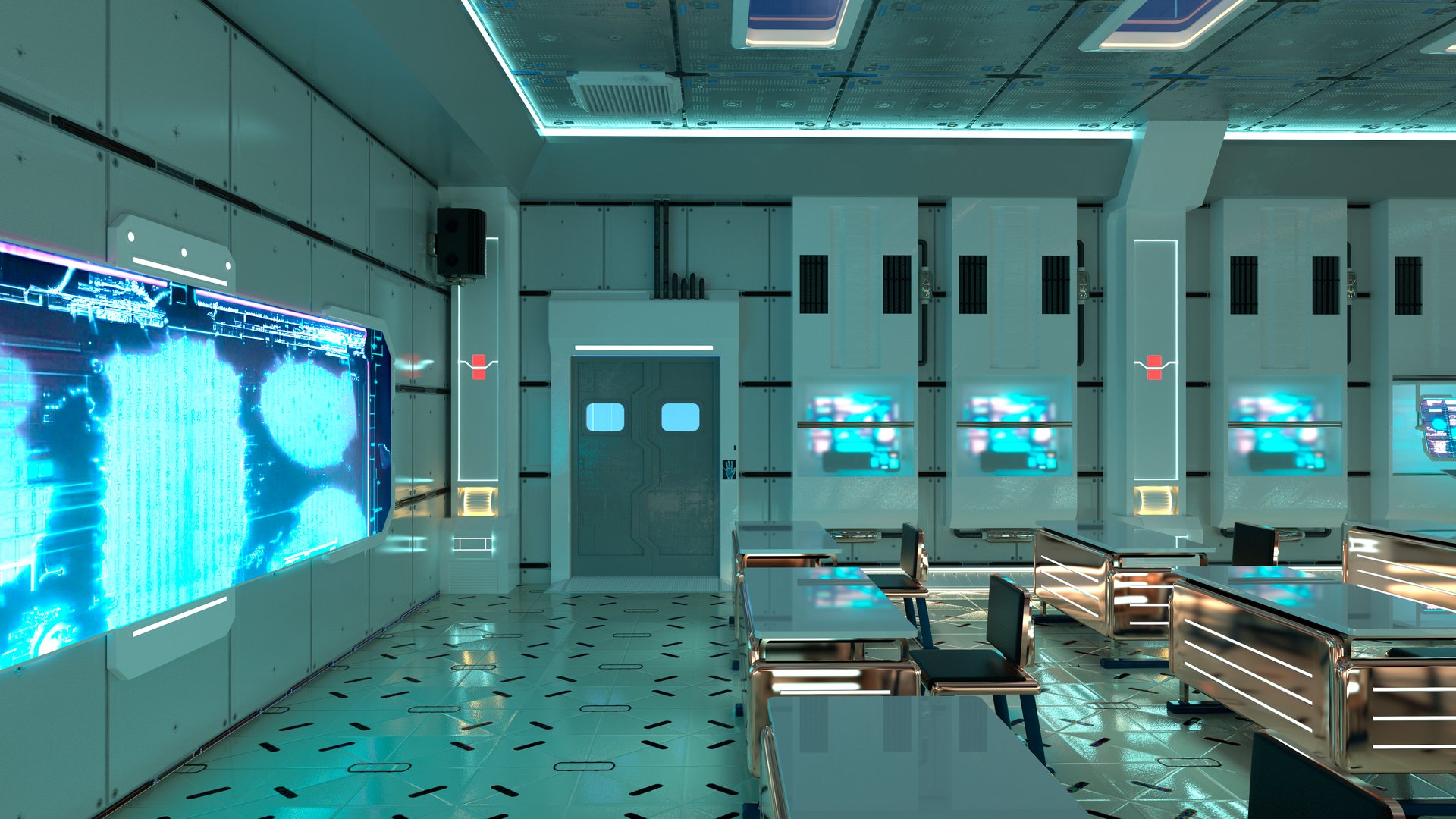 3D rendering of a futuristic high school classroom interior