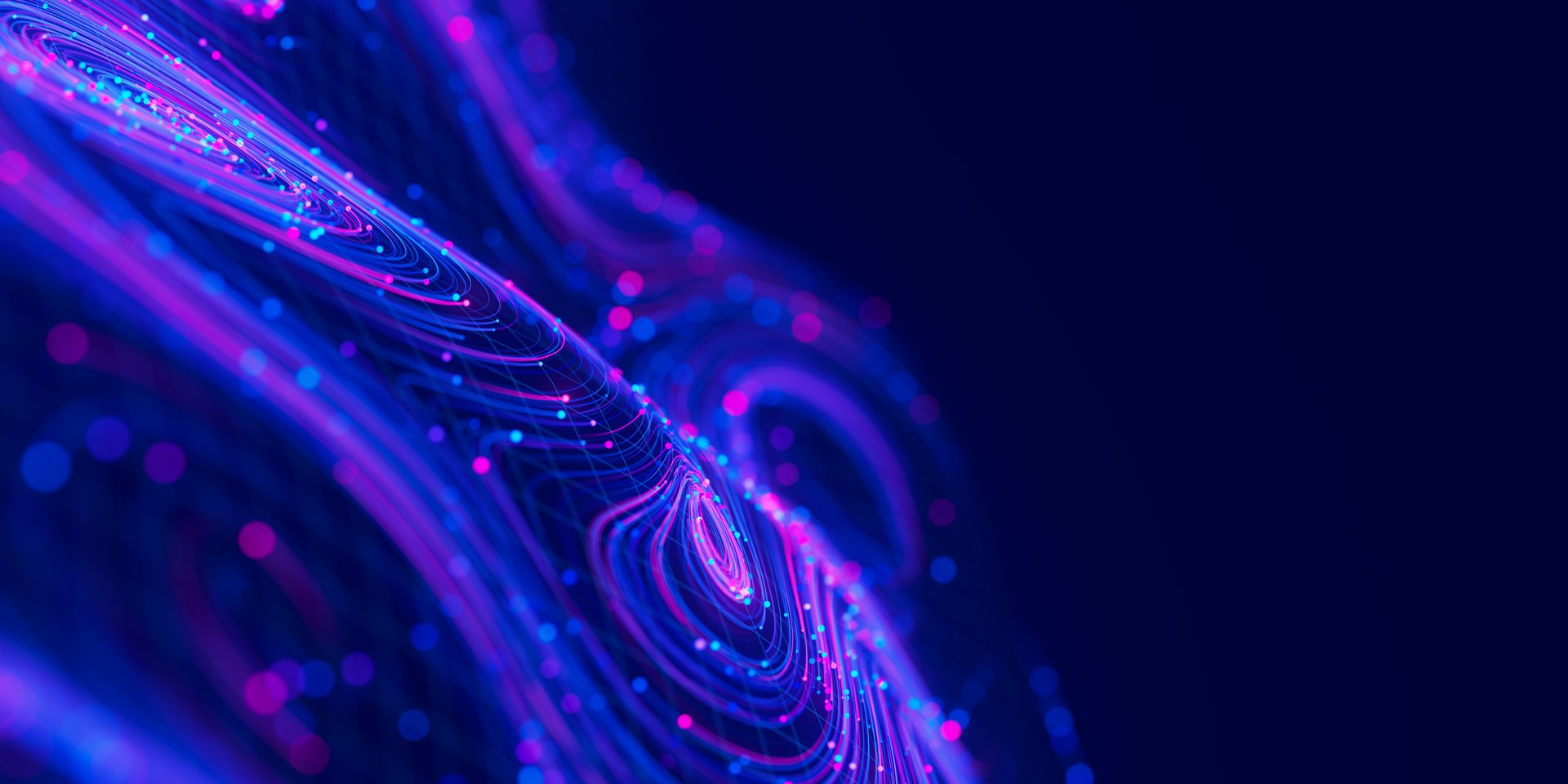Closeup of Big data swirl patterns in futuristic cyberspace. Whirl flow of data in quantum digital network. Neon qubit stream with DOF