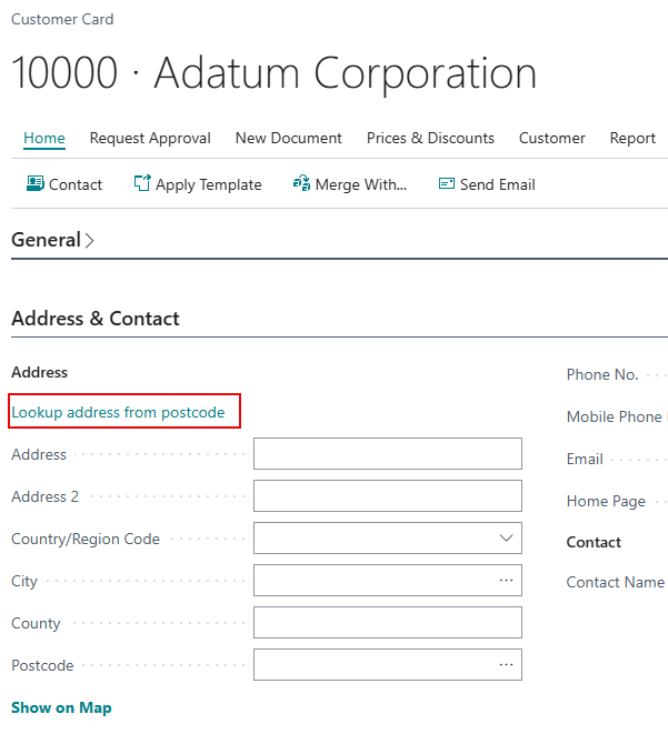 Lookup address from Postcode option in Business Central