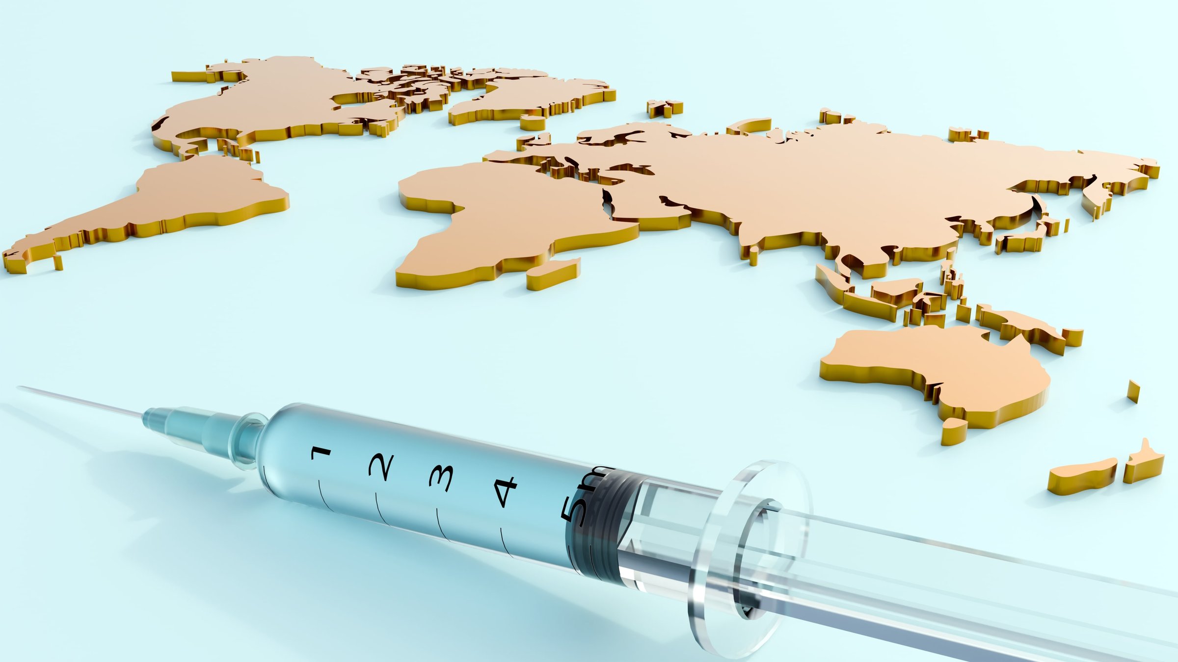 3d rendering of medical syringe and global map as a symbol of global health initiatives, disease prevention, or medical advancements.