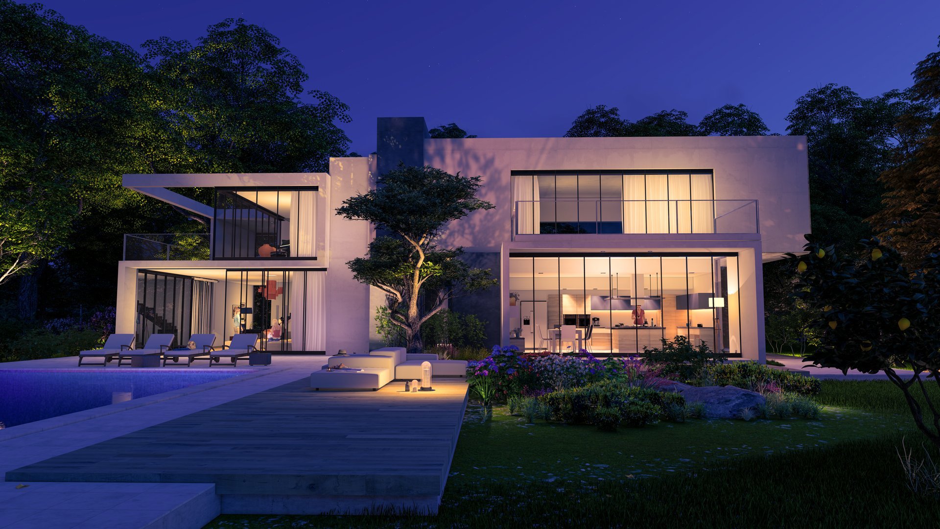 3D rendering with a contemporary cubic house with garden and a lounge area by the pool in the evening