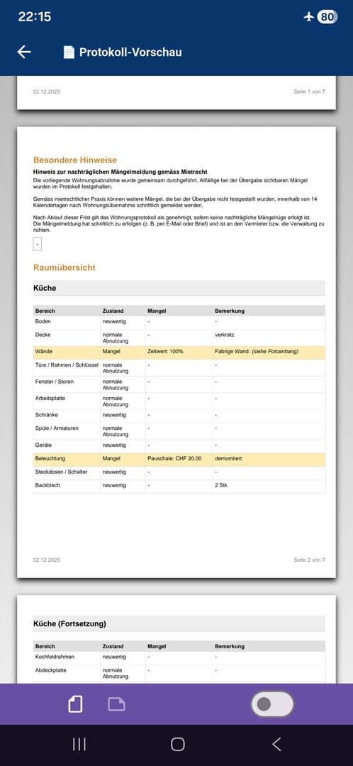 Wohnungsprotokoll App Screenshot - Protokoll Export PDF