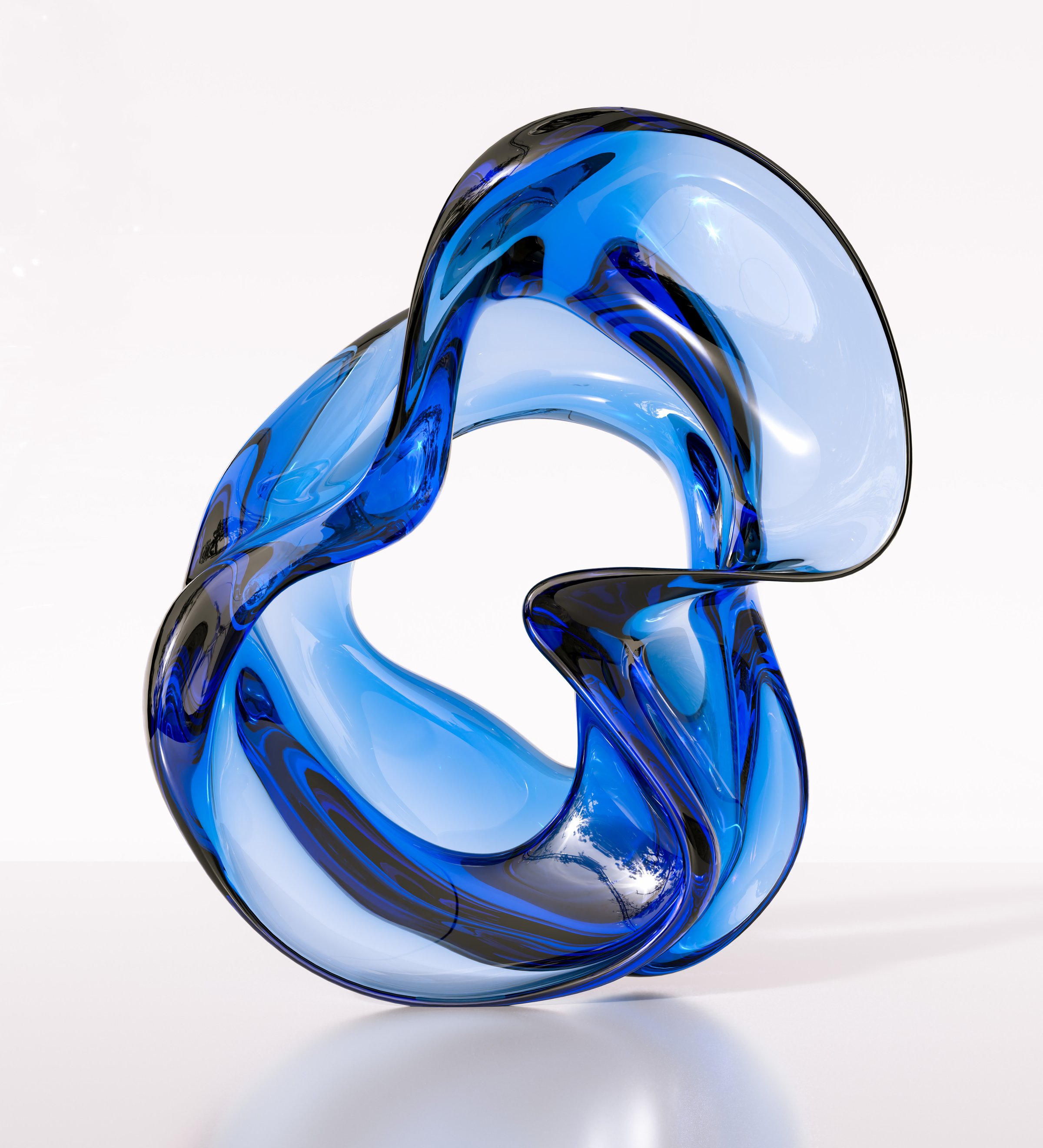 Translucent blue glass sculpture with flowing form and light effects