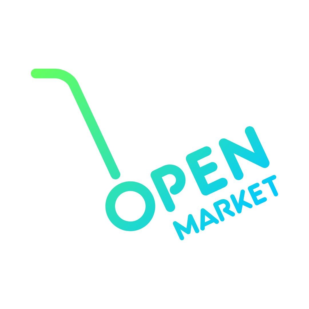 Logo with the words Open Market and a shopping cart handle design in green and blue on a white background.