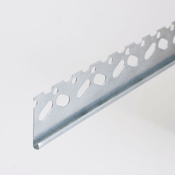 A metal corner bead with perforated edges, used in construction for drywall corners, against a white background.