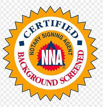 Badge with Certified Notary Signing Agent NNA Background Screened text in a starburst design.