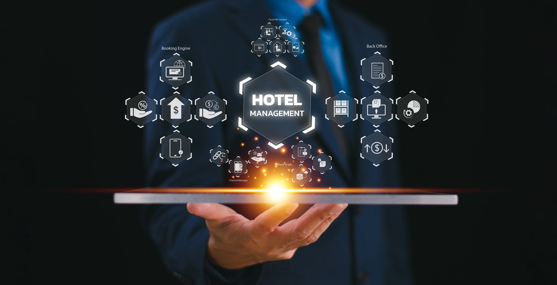 Hotel service management system concept. Digital network business investment technology. Businessman use Property Management System, PMS cloud solution icon. Apartment hospitality software