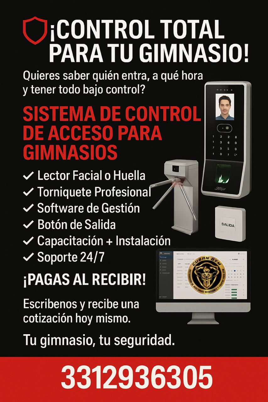 Promotional poster for a gym access control system with facial and fingerprint recognition, software, and 24/7 support.