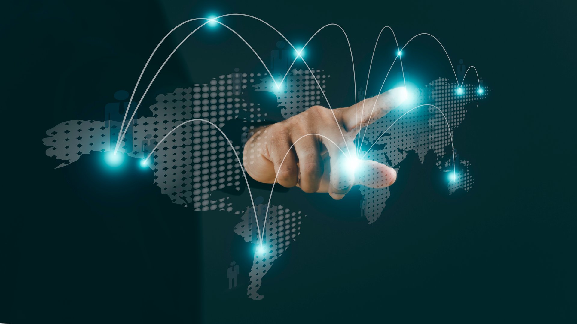 Businessman touching global networking and data exchanges customer connection on virtual screen. Network marketing concept.
