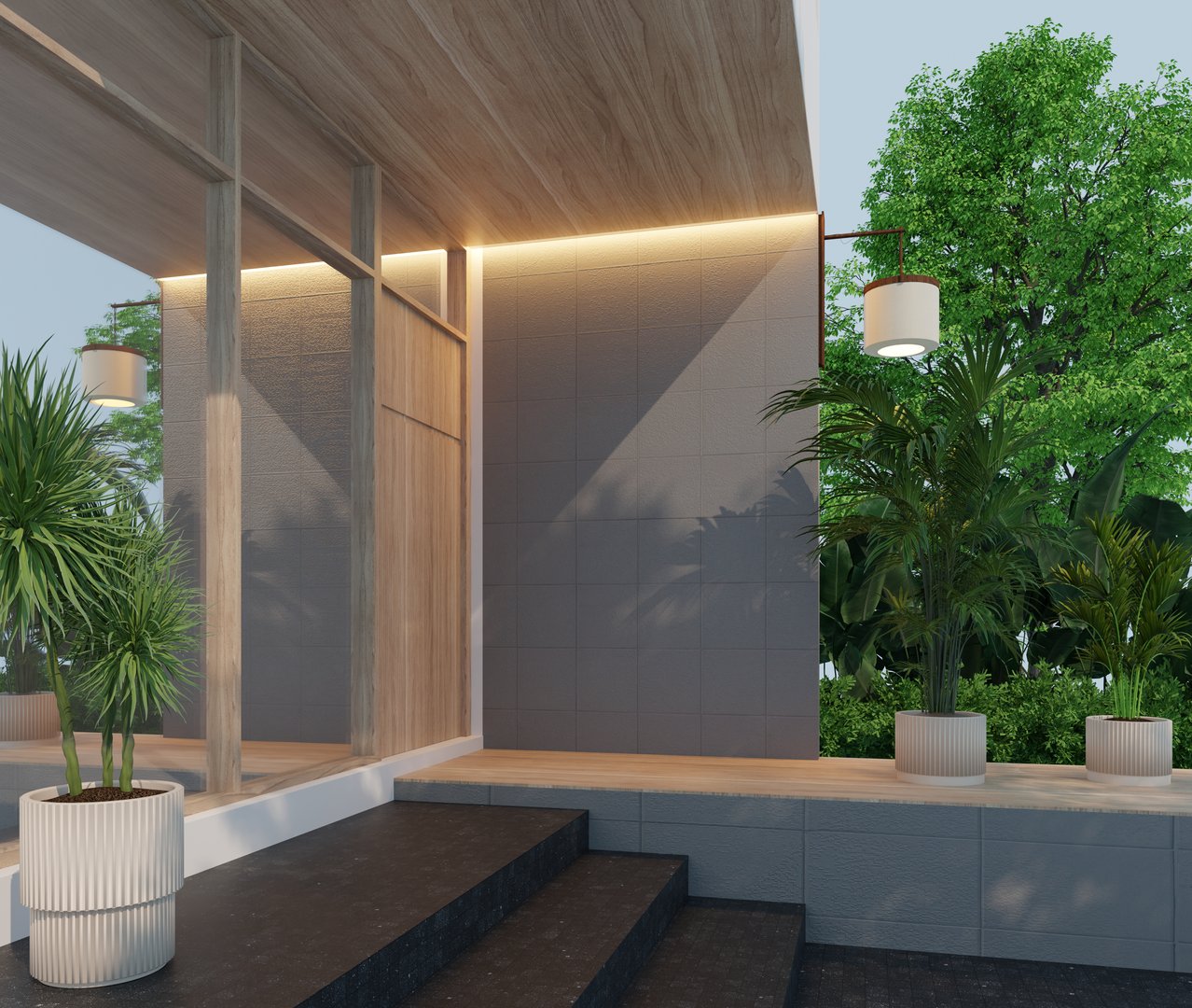 3D exterior rendering of a modern minimalist building entrance. Front elevation design with wooden ceiling, grey wall tiles, recessed lighting, and potted plants.