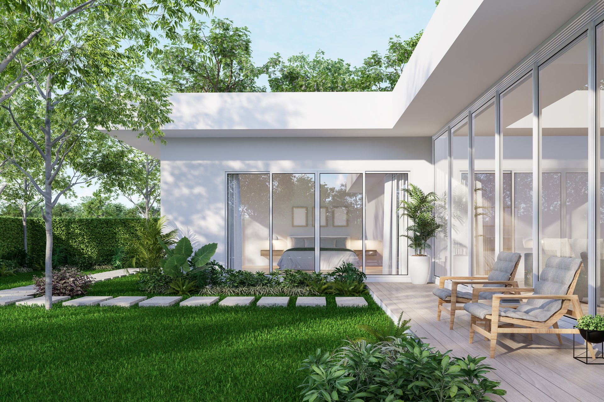 Minimal style modern white house exterior with tropical garden 3d render, wooden terrace decorated with outdoor fabric chair overlooking bedroom