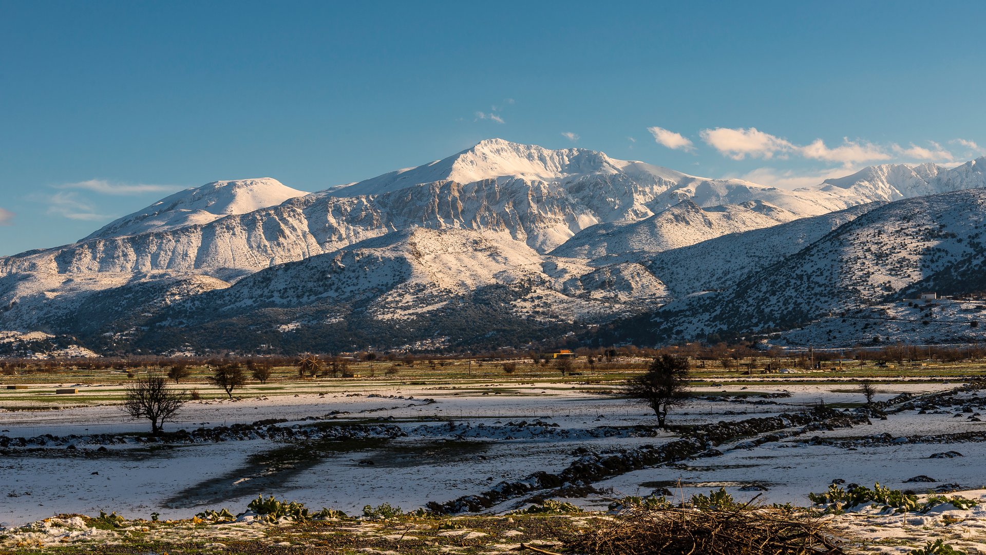 Snow covered mountains and landscapes in the Lasithi plateau in the island of Crete, Greece