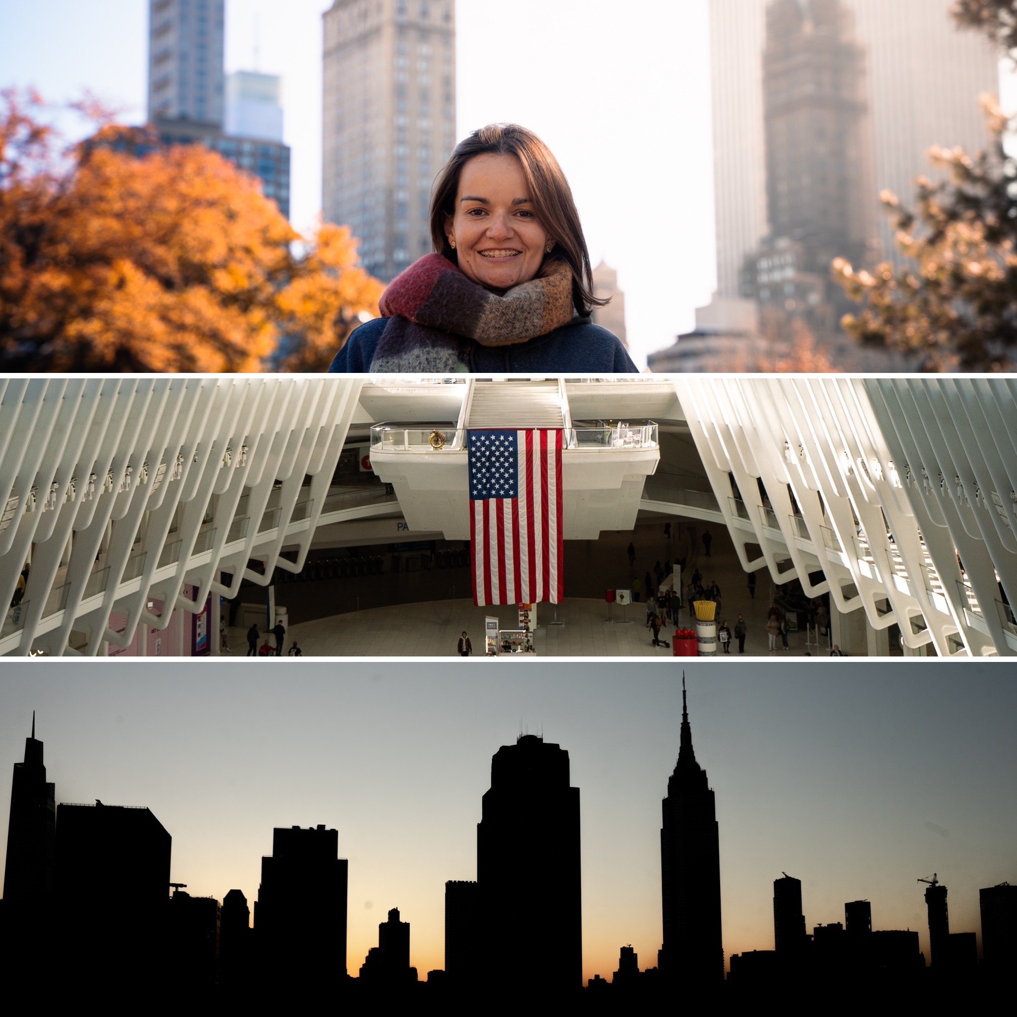 Collage: Woman in city, interior of transit hub with U.S. flag, New York skyline silhouette at sunset.