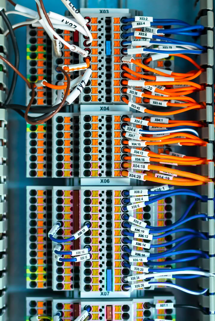 New control panel with circuit-breakers, fuses, rails, low voltage meters, current transformers, relays and other electrical equipment.
