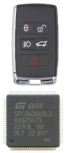 SPC560B60L3 microcontroller chip close-up showing the secure MCU used in JLR EVA 2 RFA modules