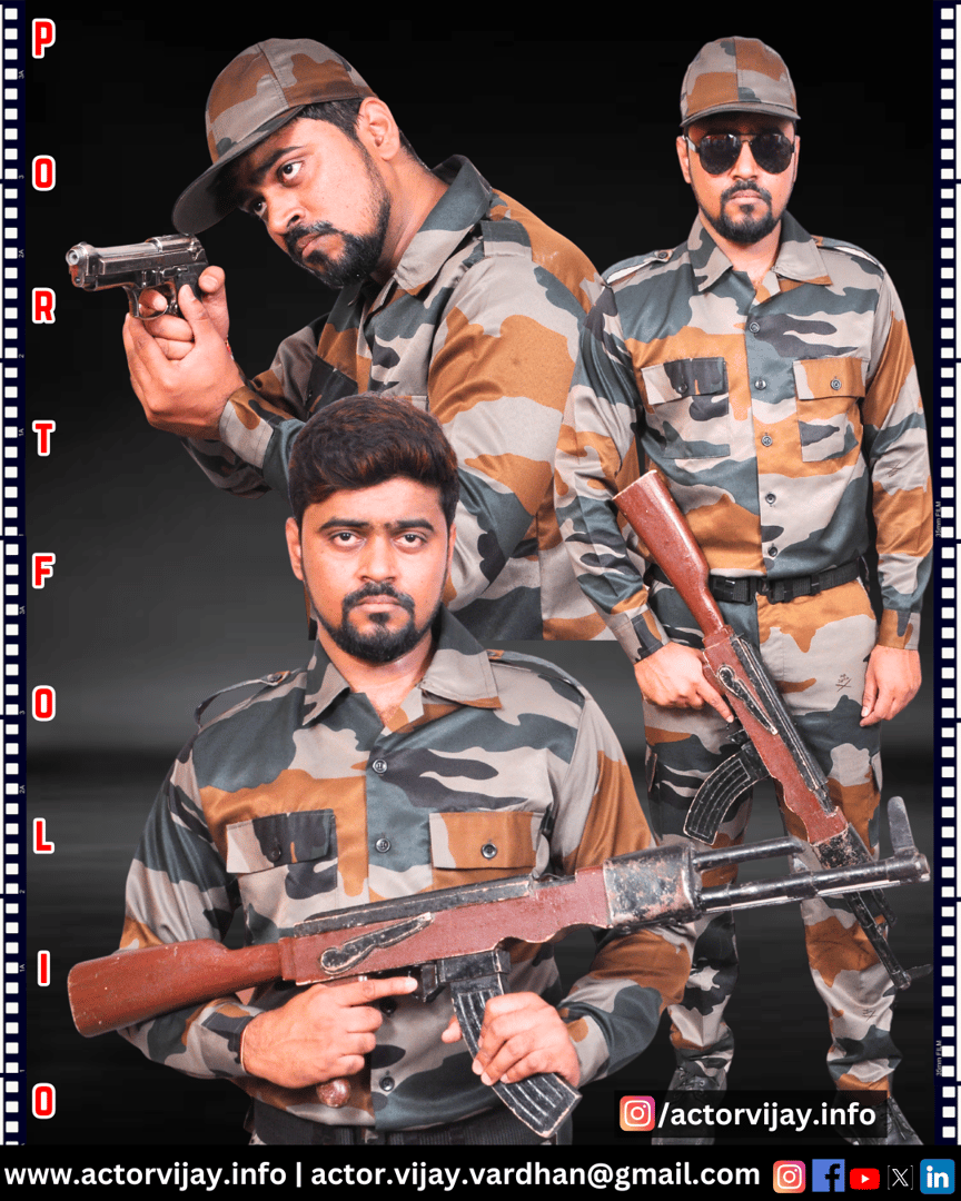 Three men in camouflage attire posing with firearms, featuring contact details and social media icons on the sides.