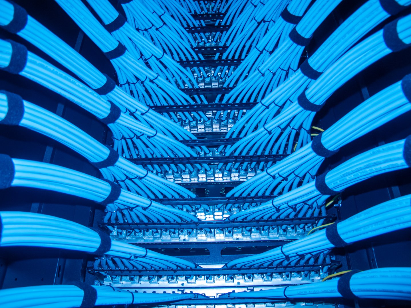 A close-up view of blue network cables neatly organized within a server rack, showcasing modern data infrastructure and efficient communication technology.