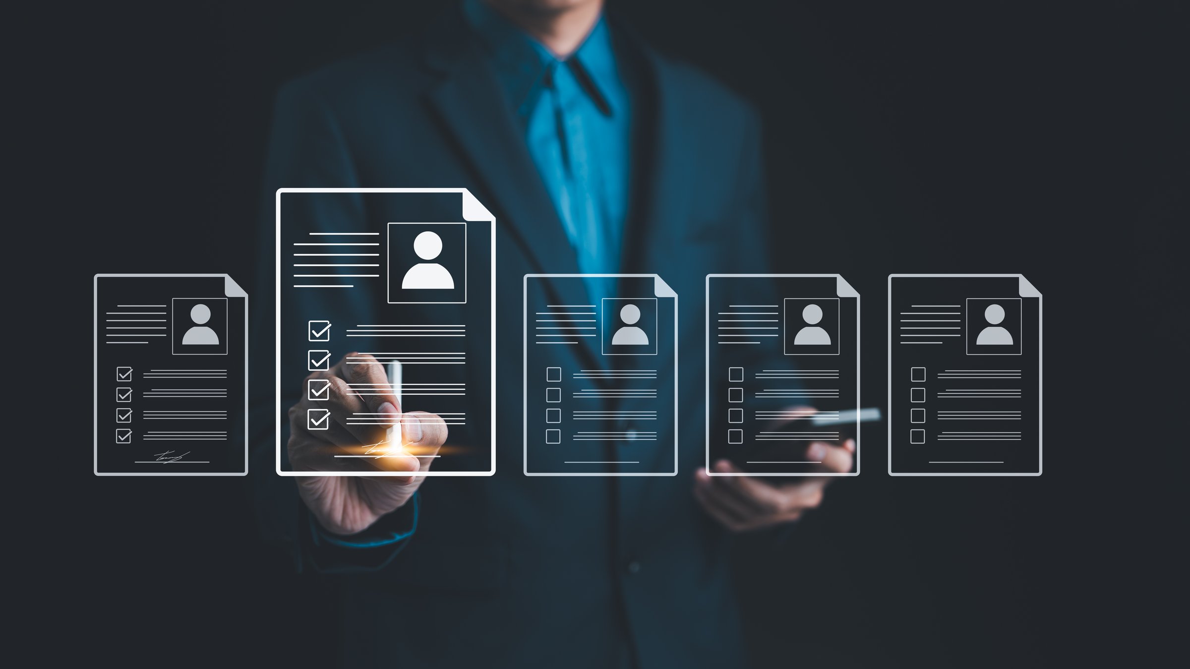 HR Human resource concept. businessman signing an e-document online employee evaluation form for employee recruitment or pass job assessment test. Recruit employees and job interview. resume document,