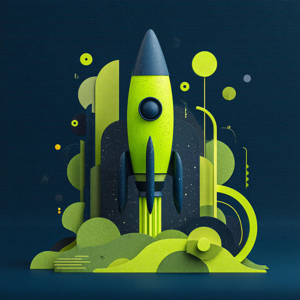 A futuristic rocket launching with playful and creative design symbolizing business growth and innovation with AI-powered marketing strategies