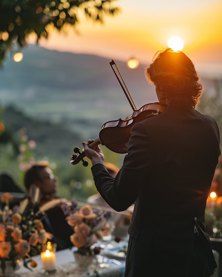 A lone violinist in a black tailored suit performing