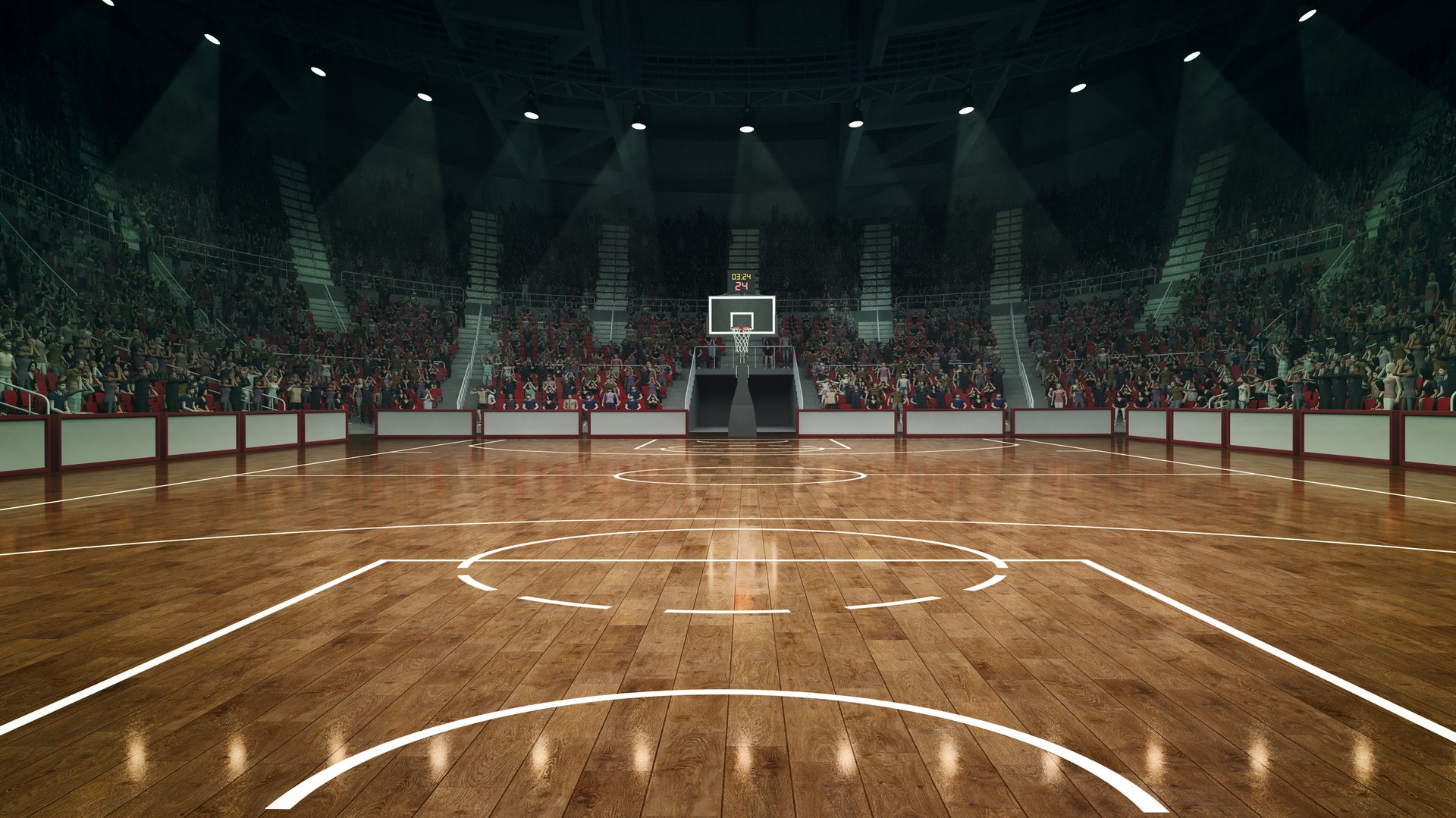 Empty basketball arena with perfectly placed markings, illuminated by powerful lights nd crowdy stages on background. Concept of sport games, competition, championship, action and motion
