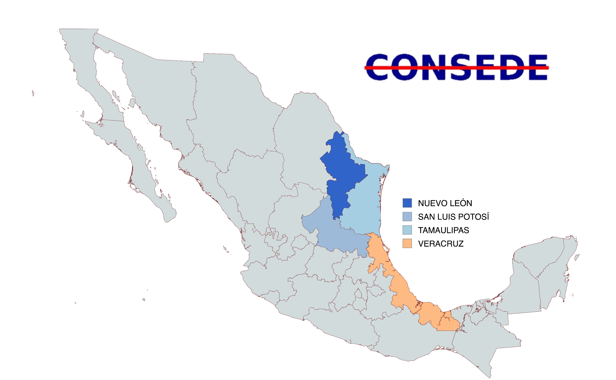 Map of Mexico highlighting Nuevo León, San Luis Potosi, Tamaulipas, and Veracruz in different colors with "CONSEDE" crossed out.