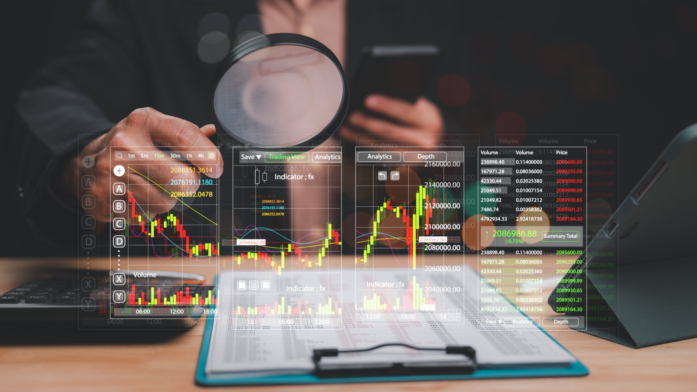 Data-Driven Investment Analyzing Financial Markets, Professional analyzing stock market data with advanced analytics through digital interfaces, highlighting importance of informed trading decisions