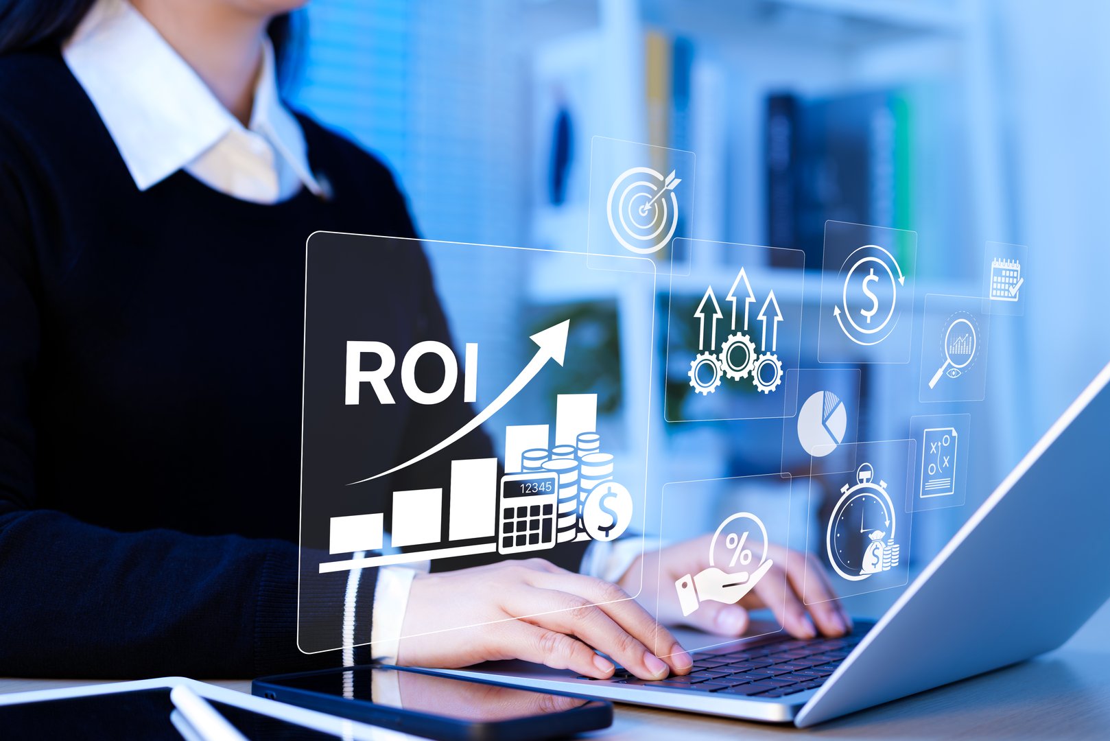 Analyzing ROI and business strategy concepts. Businesswoman working on laptop with icons representing ROI, financial strategies, return on investment, and efficiency. calculate profit, marketing plan,