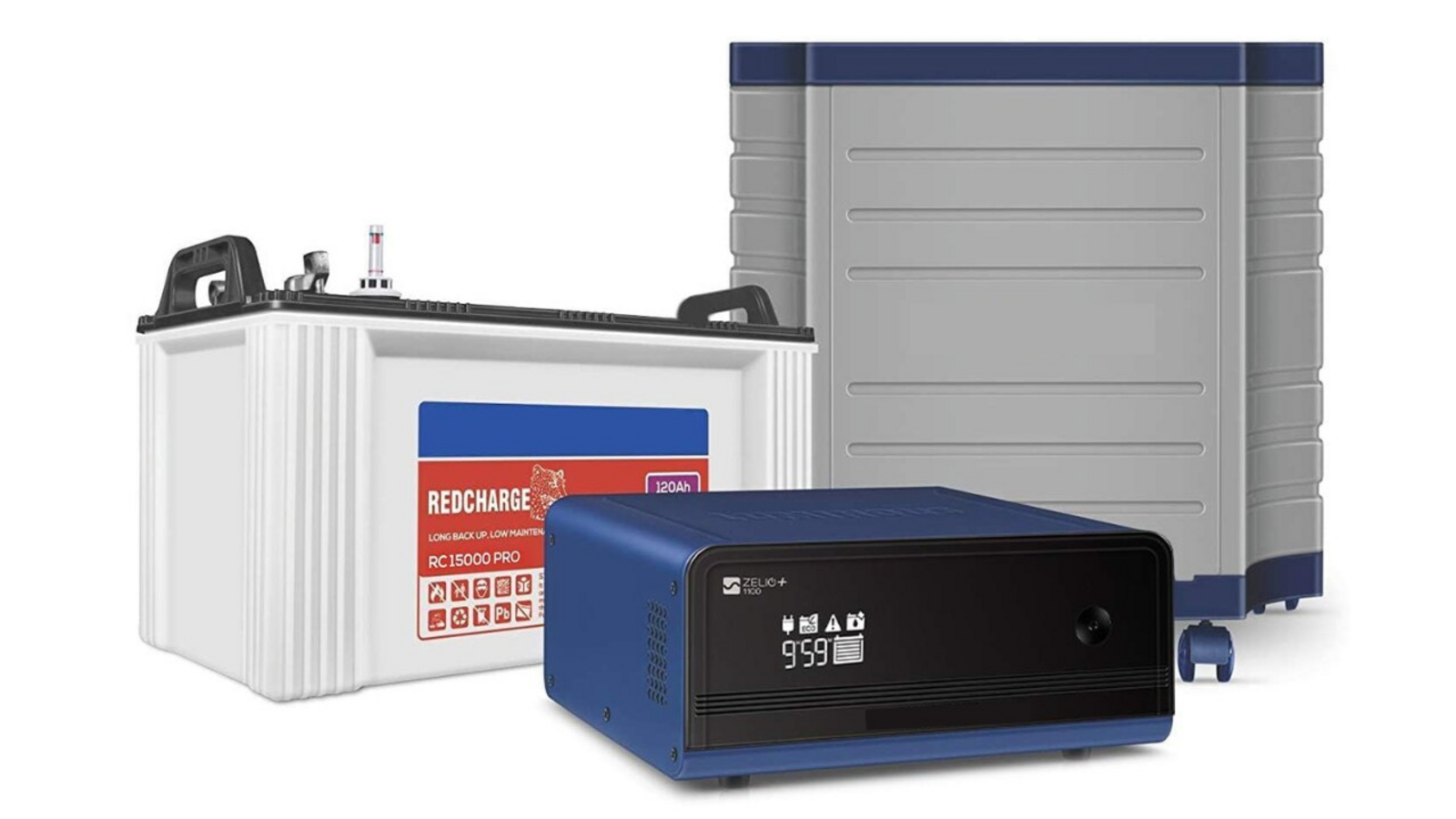 Inverter battery with a digital display, a large white battery, and a gray power unit, arranged together.