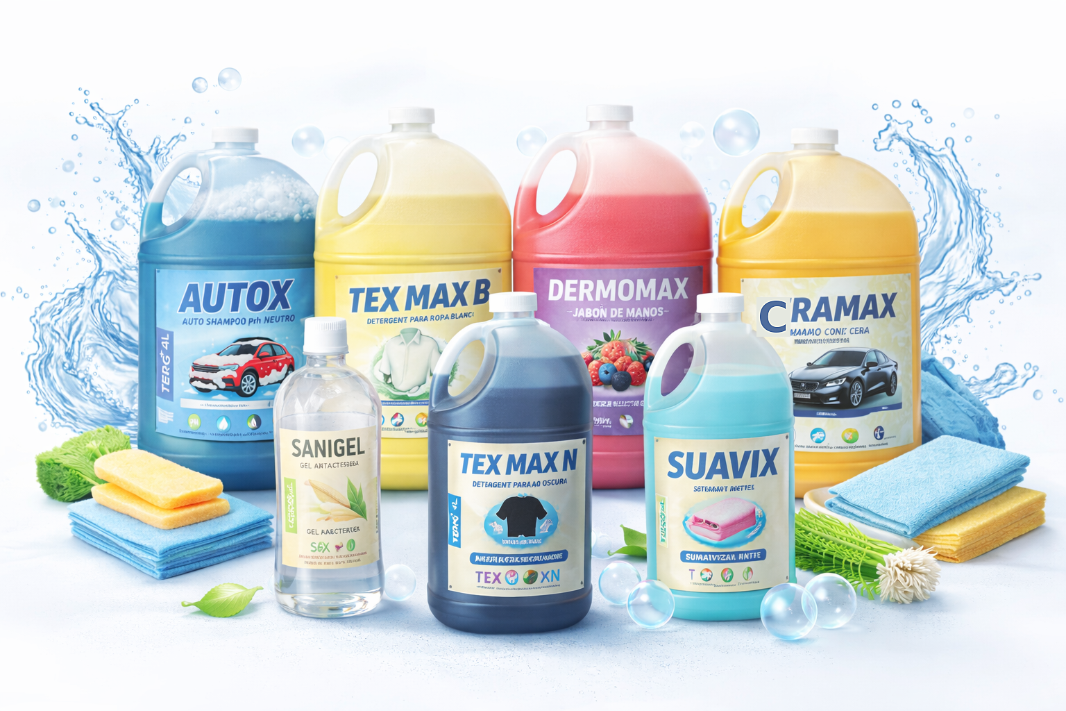 Plastic jugs filled with blue liquid arranged in rows, industrial background, concept of automotive fluids or cleaning products in a store.