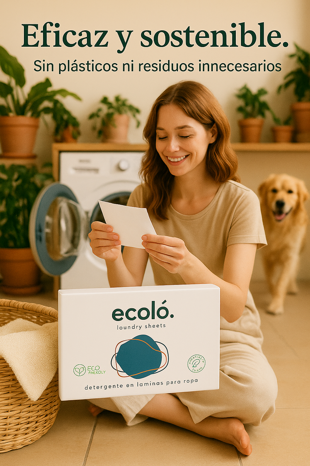 Woman sitting on the floor reading instructions for eco-friendly laundry sheets, dog in background, text promoting sustainability.