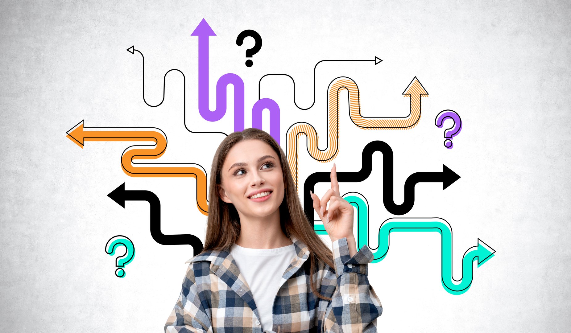 Young woman pointing up with a smile, surrounded by colorful arrows and question marks on a white background, symbolizing decision-making and creativity