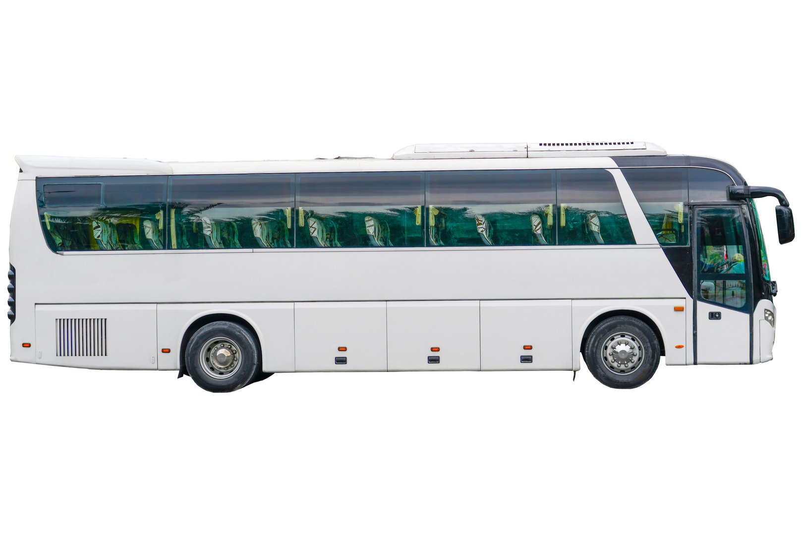 Comfortable tourist bus, international passenger transportation. White clear color passenger bus side view, isolated on white background.