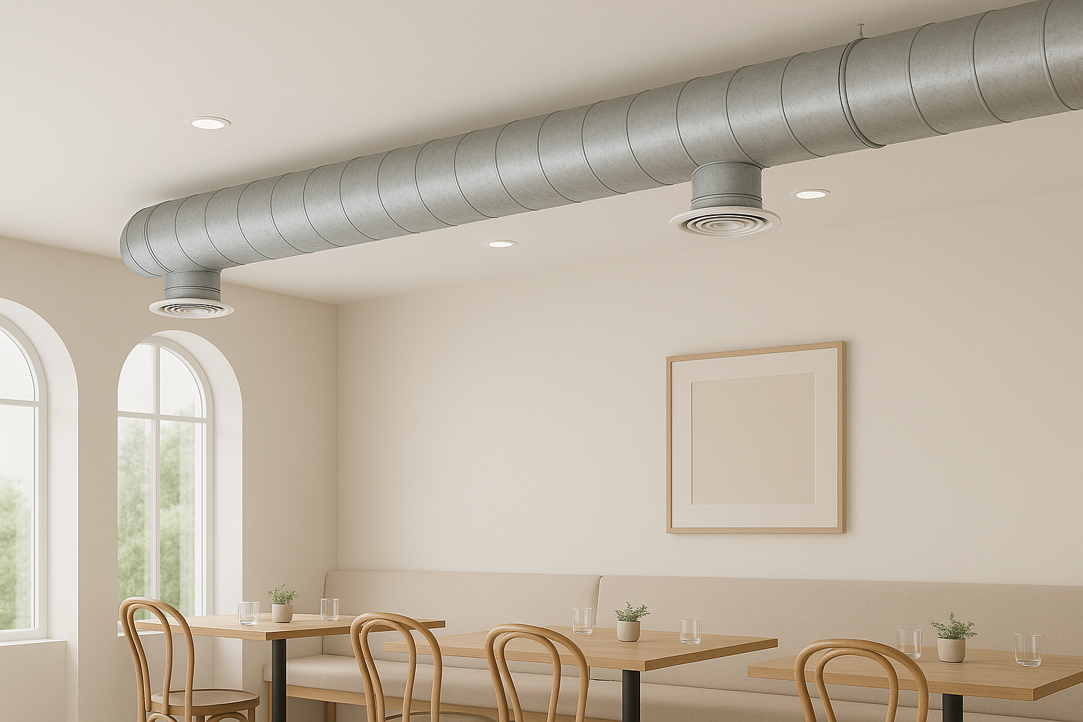 Ceiling-mounted air conditioning unit in a minimalist room with two framed artworks on the wall and a window with curtains.