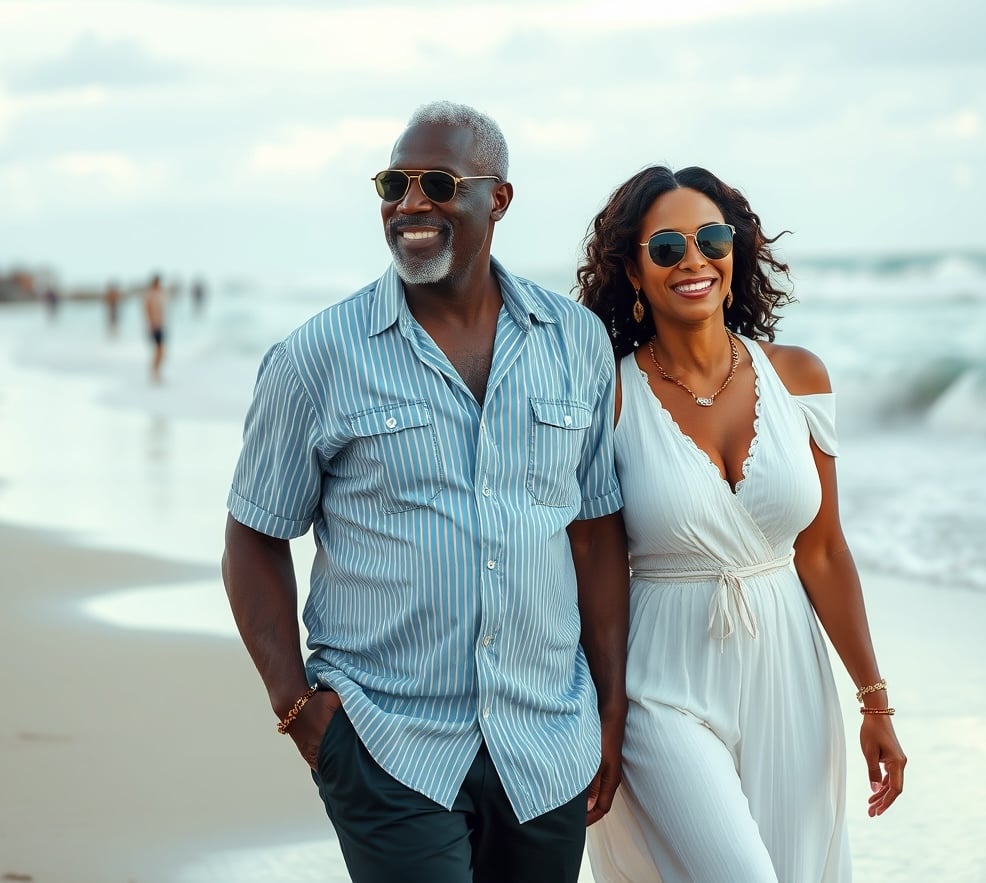 A smiling couple wearing sunglasses walks on the beach, the man in a striped shirt and the woman in a white dress.