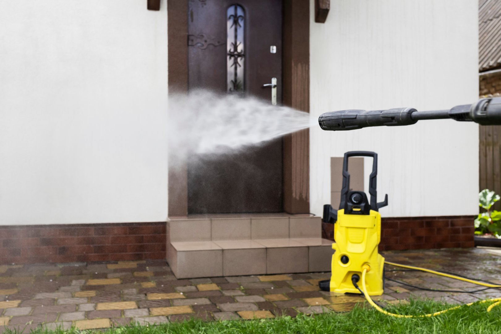 Washing Facade with Pressure Washer Karcher. Facade Cleaning with High Pressure Cleaner.