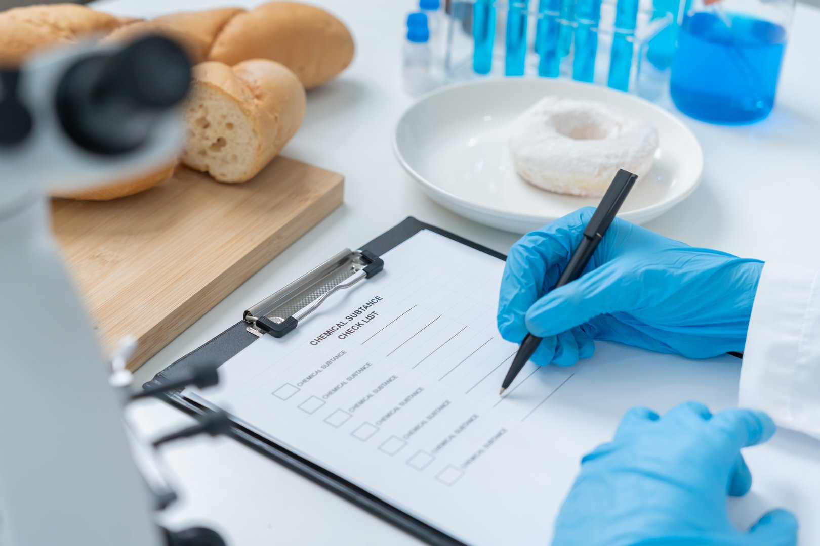 Chemical substance check list for chemical food residues in laboratory. Control experts inspect quality of fruits, vegetables. lab, find prohibited substances, contaminate, Microscope
